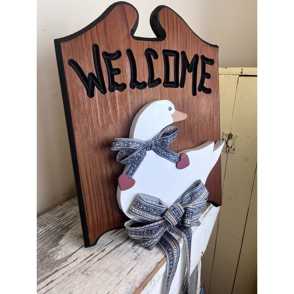 Vintage Whimsical Cottage Core Goose Wooden WELCOME Sign 15” Country Home Decor